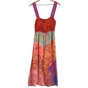 VTG SANTIKI Batik Patchwork Smocked Midi Dress Sz XL Multicolor Boho Festival